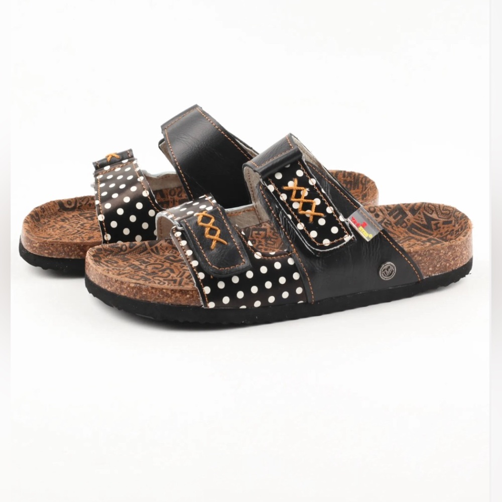 TMA Eyes - black & brown polka dot stitch accent leather sandal - sz 38 (7) -new